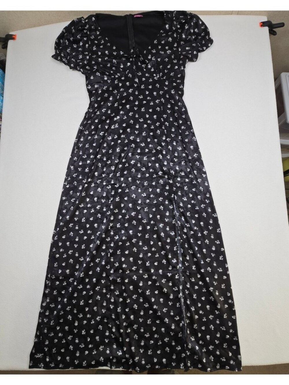 Mi Ami XL Baby Doll Maxi Dress Empire Waist Black Floral Short Puff Sleeve Satin